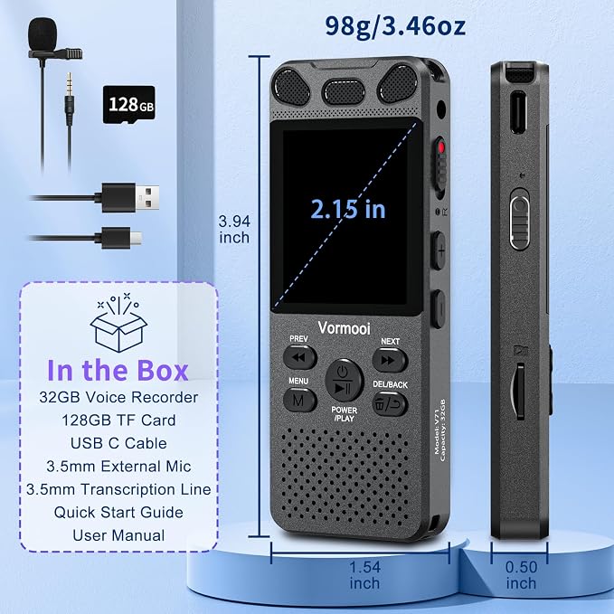 160GB Digital Voice Activated Recorder 110h Battery Time, 2.15" Color Screen Audio Recorder Dictaphone with External Mic, Vormooi USB-C Tape Recorder with Playback for Class Lecture Meeting