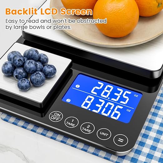 KKZ 0.001oz/33lb Kitchen Scale, Dual Platform Food Scale Grams and Ounces Rechargeable for Weight Loss Baking Cooking Meal Prep Sourdough Bread, Stainless Steel