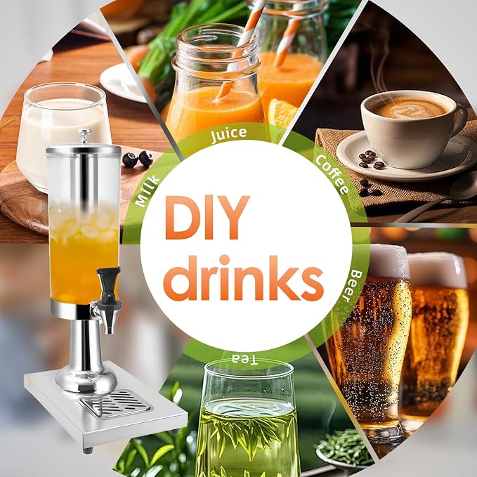 Hot and Cold Beverage Dispenser with Stand, 0.79 Gallon All-in-One Commercial Drink Dispenser with Ice Core&Stainless Steel Drip Trays for Parties, Beer Bar, Coffee (1 HEAD-0.79 GAL, SILVER)
