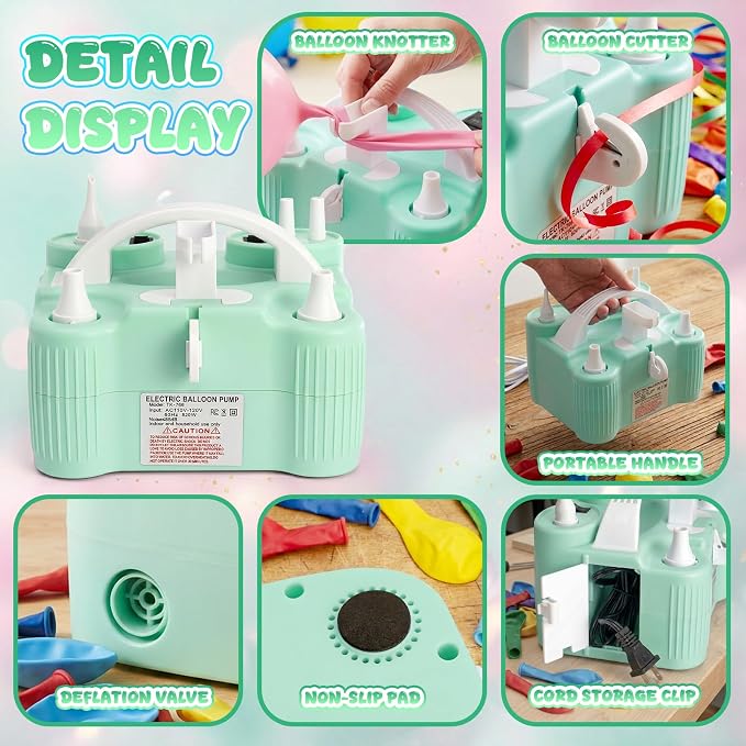 4-in-1 Electric Balloon Pump for All Balloons, Portable Triple Inflating Ports Air Pump, 600W High Power Balloon Blower for Latex Foil 260q Mylar Balloon, Air Beds Pool Float Sports Balls