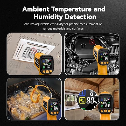 50:1 Infrared Thermometer IR Laser Gun, -58°F to 1796°F, Digital Temperature Gun/K-Type Probe -4°F to 932°F & Humidity Sensor for Cooking, Pizza Oven BBQ HVAC Home-Industrial Use