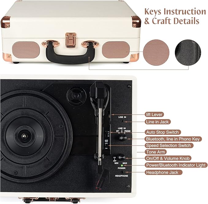 Turntable Vinyl Record Player 3-Speed Suitcase Portable Belt-Driven Record Player with Built-in Speakers RCA Line Out AUX in Headphone Jack Vintage White
