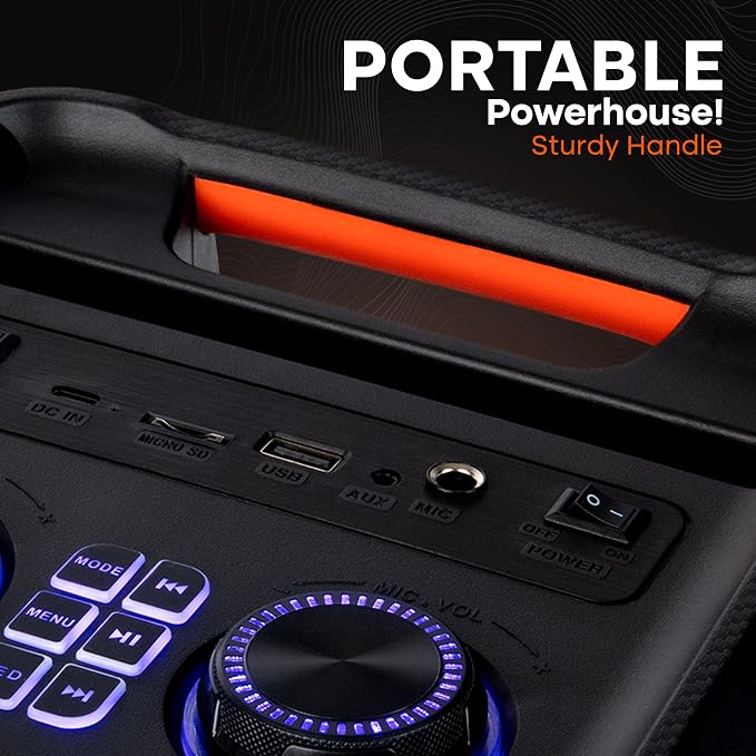 Pyle 100W Bluetooth Karaoke PA Speaker with 8 Inch Woofer, Echo Bass and Treble Control, USB SD Card FM Radio, Mic Input, LED Lights for Home Events and DJ Use