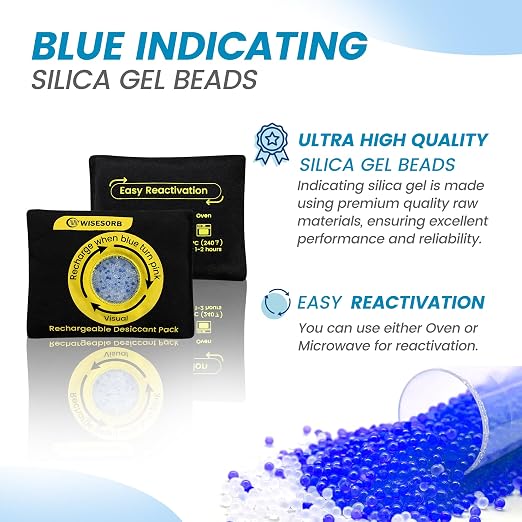 Wisesorb 100g Reusable Silica Gel Desiccant Packs, Rechargeable Dehumidifier Moisture Absorbers with Color Indicator for Bins, Gun Safes, Suitcases, 3D Printing Filaments, Electronics, Cars [3 Pack]