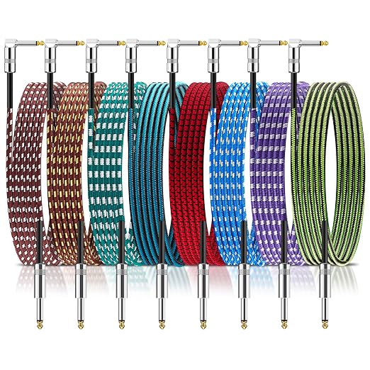 Rigibright 8 Pack 10FT Instrument Cable - Guitar, Bass, Keyboard, Microphone & Mixer Amp Cord (8, Multicolored-Series B)