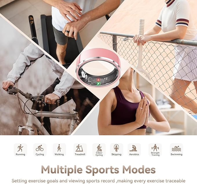 Smart Ring for Women, Fitness & Activity Tracker with Blood Pressure/Heart Rate Monitor, Sleep Tracker, Step Counter, IP68 Waterproof Ring for iOS & Android, Fast Charge, No Subscription (Pink,Size9)