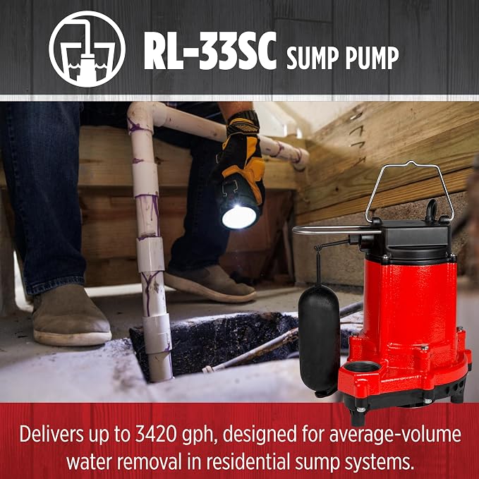 Red Lion RL-33SC 1/3 HP, 115-Volt, 3420 GPH Cast Iron Sump/Effluent Pump with Snap-Action Float Switch, Red, 14942652
