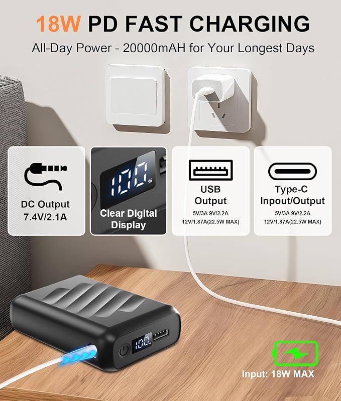7.4V/5V 3A 20000mAh Heated Vest Battery Pack for Ororo Soleilwear TIDEWE, Portable Power Bank with LED Display (NOT for DC 12V)