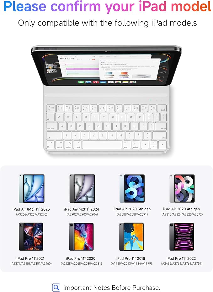 HOU Slim Bluetooth Keyboard Case for iPad Air 11 inch M4/M3/M2(2026/2025/2024), Air 5th/4th, Pro 11 (1st-4th Gen), Smart Folio, Magnetic Stand (2 Angles), Magnetic Charging, Synthetic Leather, White