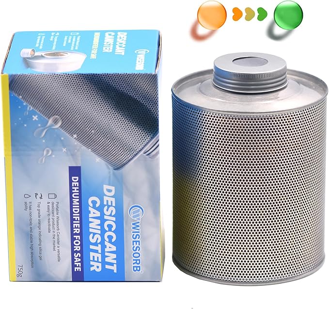 Wisesorb 750 Grams Gun Safe Dehumidifier, Reusable Canister Desiccant Dehumidifier, Rechargeable 1.65 Lbs Indicating Silica Gel Orange to Green, Pack of 1