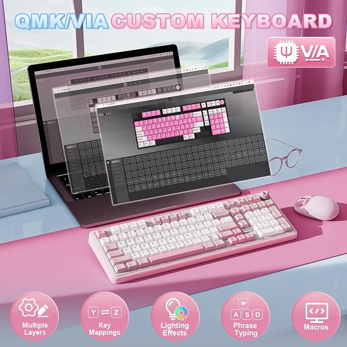 YUNZII B98 PRO QMK/VIA Wireless Mechanical Gaming Keyboard,96% Layout with Numpad and Cute Cat Knob, BT/2.4G/USB-C,Linear Switch Hot Swap Gasket,RGB for Win/Mac (Pink, Milk V2 Linear Switch)