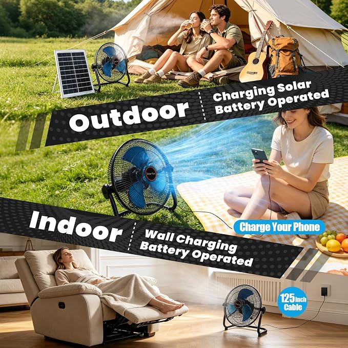 GOESWELL Solar Powered Fan for Outdoor:12inch Floor Solar Fan with USB Rechargeable Battrey Portable Metal Blades 360° Tilt Timer for Camping Pool Pavilion Lake Chicken Coop Travel Greenhouse Dog
