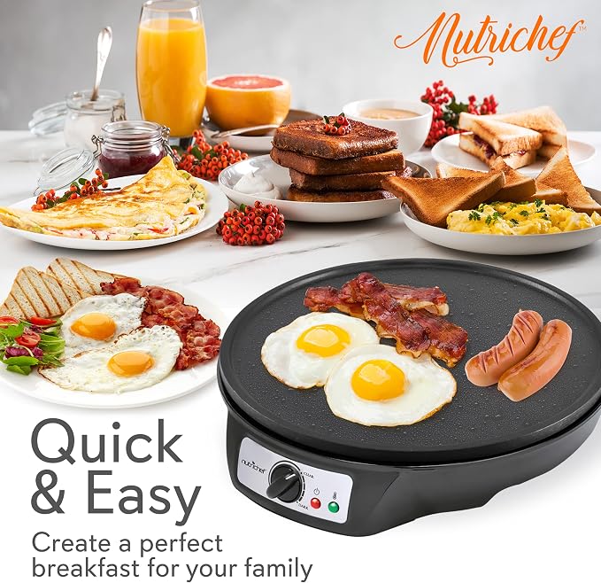 NutriChef Crepe Maker - Cooks Bacon, Roti, Tortillas & Omelets - Easy to Clean Detachable Cooktop - 12 inch Cook Area with Adjustable Temperature - Includes Wooden Spatula & Batter Spreader