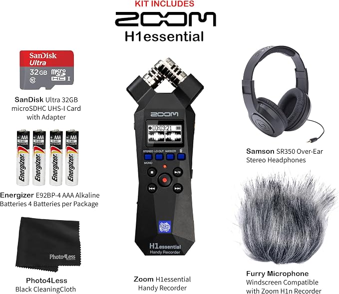 Zoom H1essential Handy Recorder Bundle with Over-Ear Stereo Headphones, 32GB microSDHC Card, Furry Microphone Windscreen, 4 AAA Batteries and Accessories