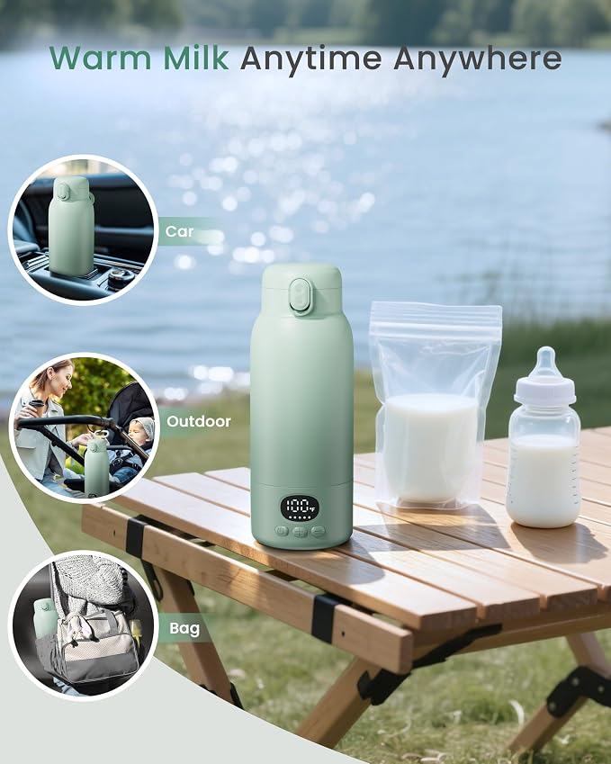 Portable Bottle Warmer - Dual Heating Modes for Breast Milk & Water, 17 Ounces, Fast Heating, Long Lasting Battery, Ideal for Travel, Outdoor, Baby Shower, Light Green