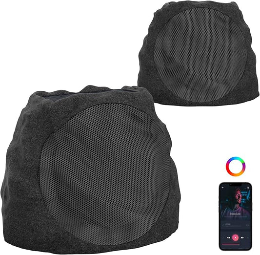 Outdoor Speakers Bluetooth Waterproof Patio TWS Connection Outdoor Bluetooth Speakers Wireless Solar Powered and Rechargeable Rock Speaker for Patio Pool,Backyard (Black, 2 Pack)