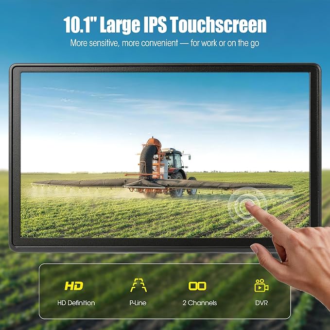 10.1" DVR IPS Touchscreen & 2 AHD Wired Backup Cameras, IP69K Water/Dust Proof Rear Camera, 1080P Quad Split Screen & 20G Vibration-Proof Camera for Hitching, Farm Work, UTV, Tractor, Trailer