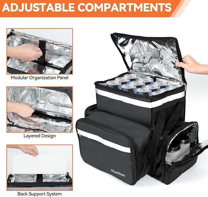 Food Delivery Backpack with 4 Expandable Cup Holders,Insulated Food Delivery Bags for Takeout Bike, Expandable Large Pizza Takeout Bag for Hot/Cold Fits for Uber Eat,Camping (500D tarpaulin)