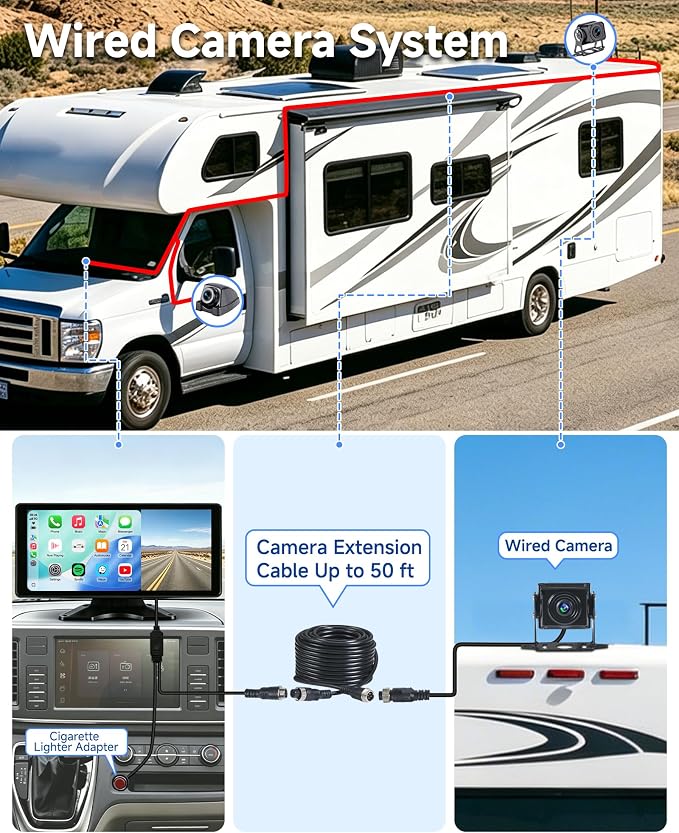 10.36" RV Camera System with CarPlay & Android Auto Touch Monitor | Wired 4CH 1080P IP69 Waterproof Backup Camera. BSD blind spot alert & DVR Loop Recording for Semi Truck, Trailer, Camper, RV