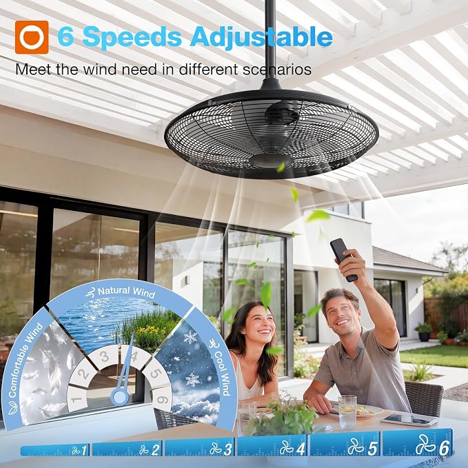 addlon Outdoor Fans for Patios, 20 inch IP65 Waterproof Gazebo Fan Remote&APP Control, 6 Speeds, Quiet, DC Motor, Plug in Ceiling Fan with Hook Hanging Caged Fan for Pergola Porch Canopy Backyard