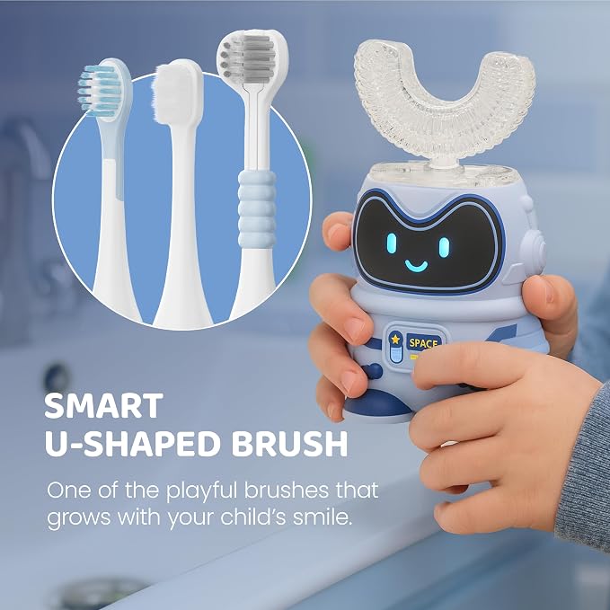 Well Before Kids U Shaped Electric Toothbrush with 5 Brush Heads, Ultrasonic, 5 Modes, IPX7 Waterproof Design (Spaceman, Grey Ages 2-7)