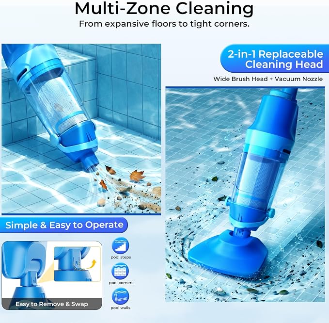 Cordless Pool Vacuum for Inground & Above Ground Pools: 23.8 GPM Powerful Stable Suction, Telescopic Pole up to 90.6", 60-Min Runtime, Extra-Large Filter & Rechargeable Pool Cleaner for Spas/Hot Tubs