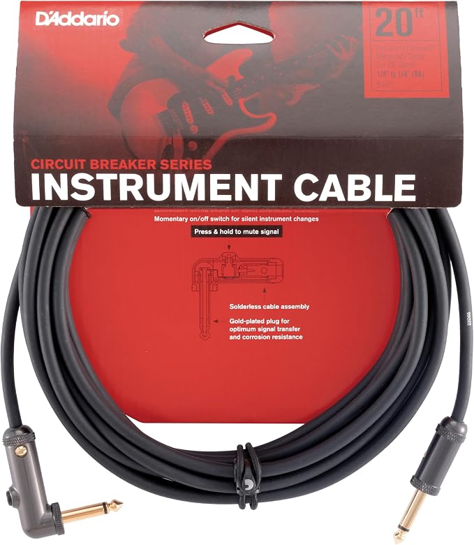 D’Addario Accessories Custom Series Circuit Breaker Guitar Cable - Momentary Kill Switch Instrument Cable with ¼ Inch Ends - On/Off Switch for Silent Instrument Changes - Right Angle, 20 feet