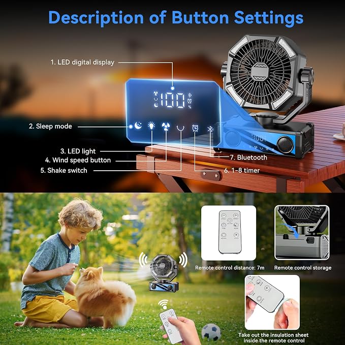 Portable fan rechargeable with 5.3 Bluetooth Speaker, 25000mAh Camping Fan with 5 Speed Touch Control & 3-Mode LED Light, Remote, USB/Type-C Ports, 1-8H Timer for Party, Travel, BBQ, Indoor, Outages