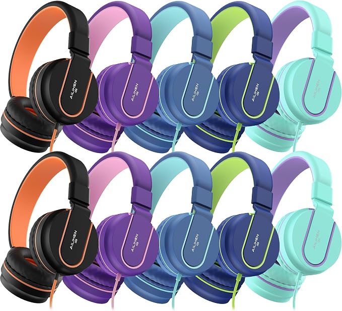 AILIHEN Kids Headphones Bulk 10-Pack for K-12 School Classroom, On-Ear Wired Headset with Microphone for Students Children with 93dB Volume Limited, 3.5mm Jack for Chromebooks Tablets Laptop Computer