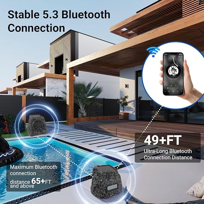 Herdio 8" Rock Bluetooth Speakers Outdoor Waterproof IPX7 Wireless Solar Max 240 Watt, TWS Connection Powered with Rechargeable Battery for Garden Patio Deck Pool Backyard（Black，1Pair）