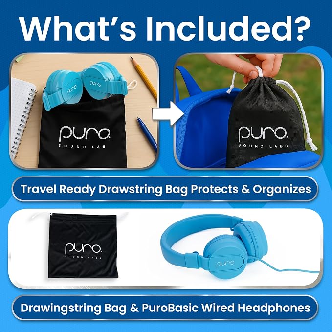 Puro Sound Labs Kids Wired Headphones – Volume-Limiting & Adjustable, Safer & Comfortable Headphones for Kids – Compatible with PCs, Smartphones & Tablets, Ideal for School & Travel – PuroBasic, Blue