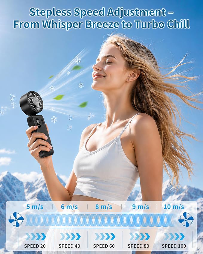Portable Handheld Fan with Ice Cooling, 100 Speed Rechargeable Mini Desk Fan, Up to 12Hrs Cooling, Powerful Folding Personal Fan for Travel, Camping, Office (Black)