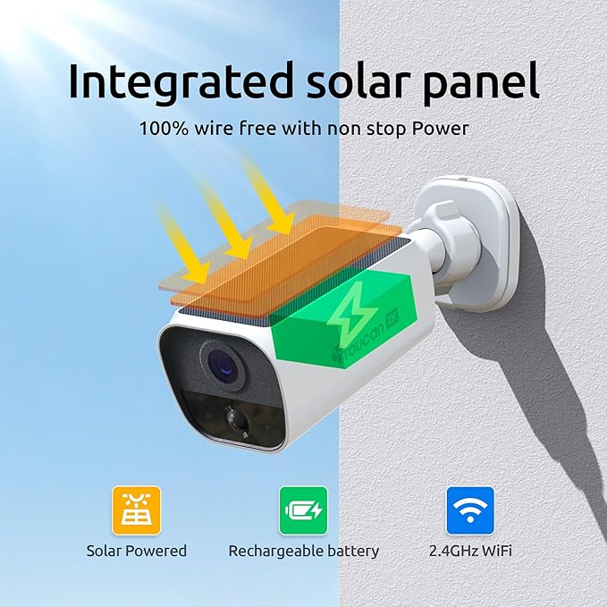 TOUCAN Solar Wireless Security Camera S5 2K HD Video Outdoor Battery Camera with Solar Panel, Motion Detection, Wide Angle, Two-Way Audio, Night Vision, No Subscription Required (2 Cam Pack)