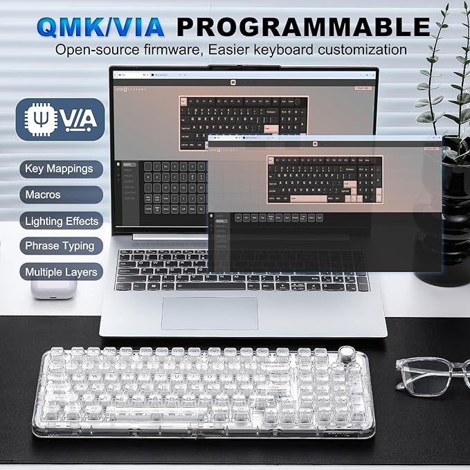 YUNZII X98 QMK/VIA Wireless Mechanical Gaming Keyboard with Knob,Tri-Mode BT5.0/USB-C/2.4GHz Hot Swappable Keyboard,Pre-lubed Switches Gasket Mount RGB Backlit for Wins/Mac (White, Crystal Switch)