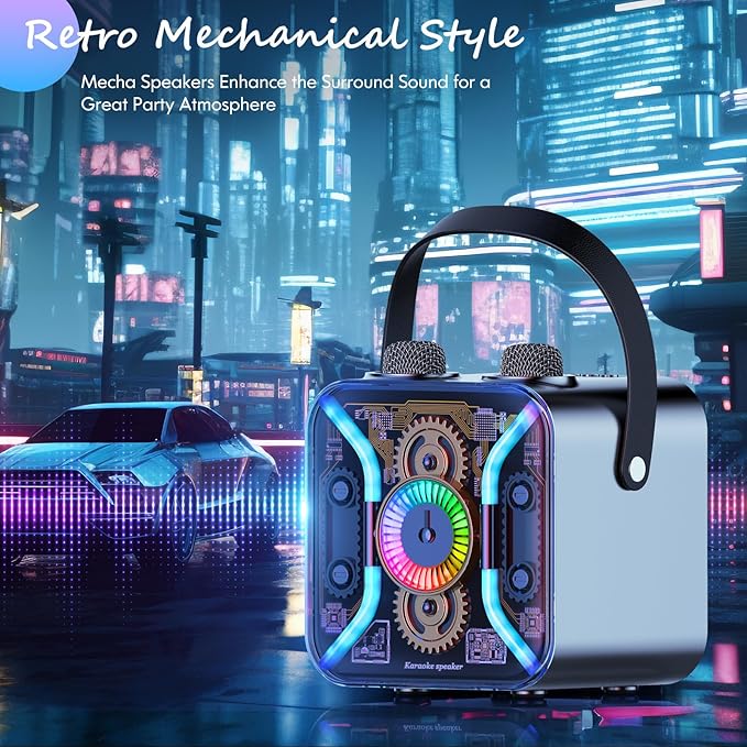 Karaoke Machine for Adults with Two Wireless Microphones, Bluetooth Speaker, LED Light Show, 360-Degree Stable Bass Mic, Silver