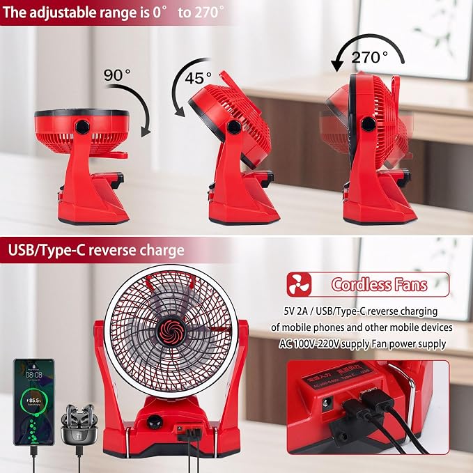 Fan Compatible with Milwaukee M18 Battery Portable Jobsite Camping Fan with Infinite Speed Control USB-C and USB Charging, Hook, Handle 270° Tilt 4.5H Max Runtime for Outdoor Use Battery Not Included