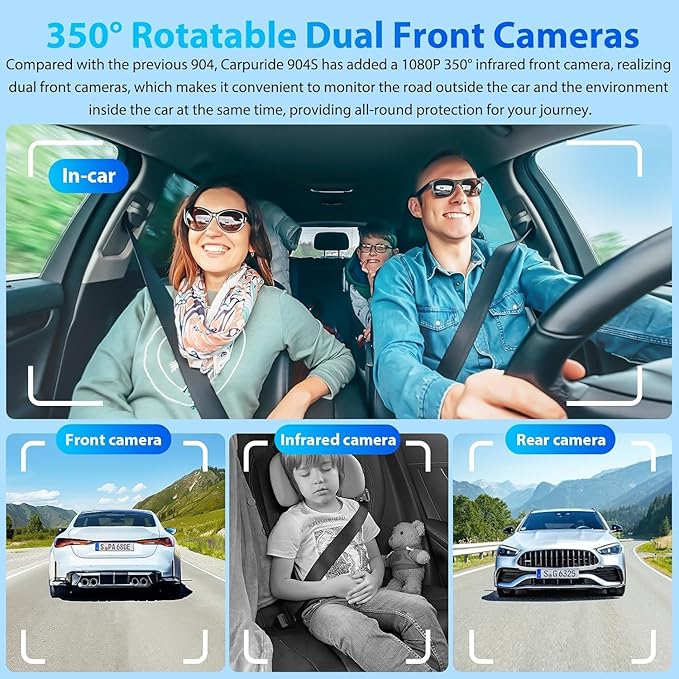 CARPURIDE W903S Wireless Carplay & Android Auto Screen with 3 Channel Dash Cam, 4K Front &1080P Rear, 1080P Infrared Cabin Camera for Cars with 64GB Card, Loop Recording, Bluetooth