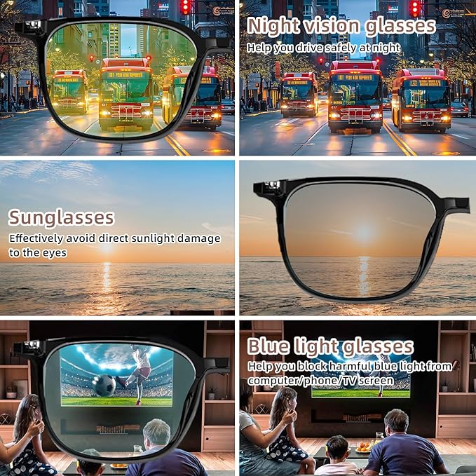 Smart Bluetooth Glasses for Men & Women, Magnetic Lenses 3-in-1(Blue Light Blocking/UV400/Night Vision), Auto On/Off, Call/Music, IP65 Waterproof, Wireless Audio Stylish Eyewear for Driving/Working