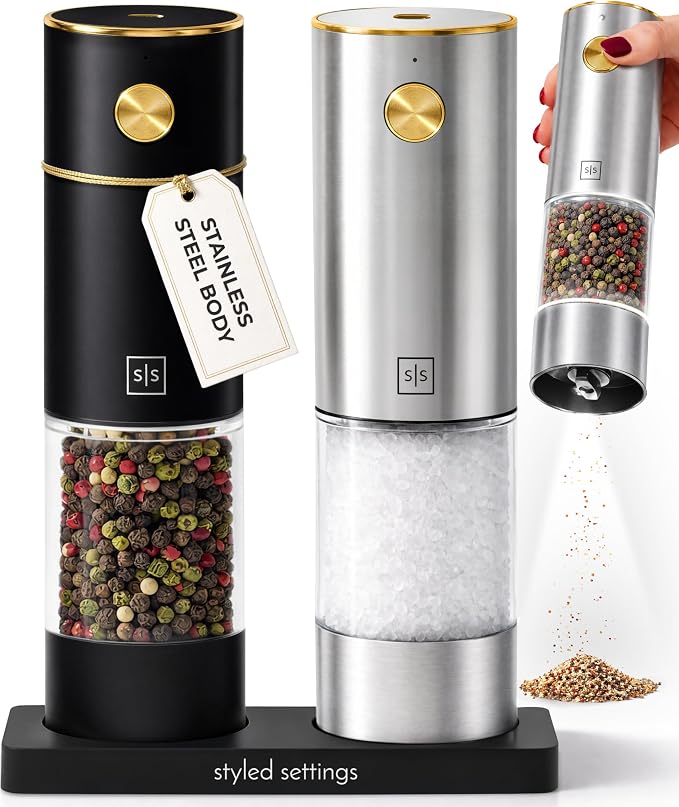 Rechargeable Salt and Pepper Grinder Stainless Steel – Electric Salt and Pepper Shaker Set with USB-C Port, LED Light, Adjustable Coarseness, One Touch Control, Sleek Modern Design