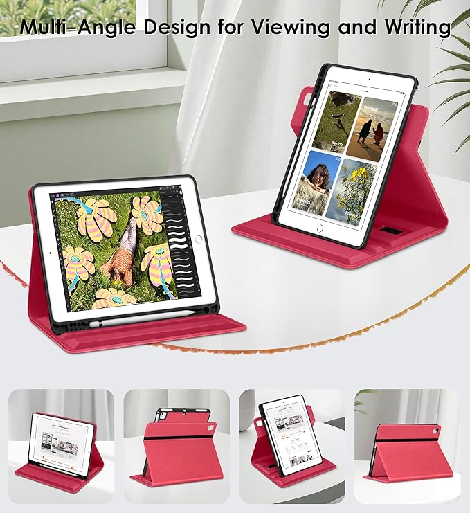 DTTO for iPad 6th / 5th Generation 9.7 Inch (2018/2017), iPad Air 2 / Air 1 Case, 360 Degree Rotating Premium Leather Folio Stand Cover with Pencil Holder, Watermelon Red
