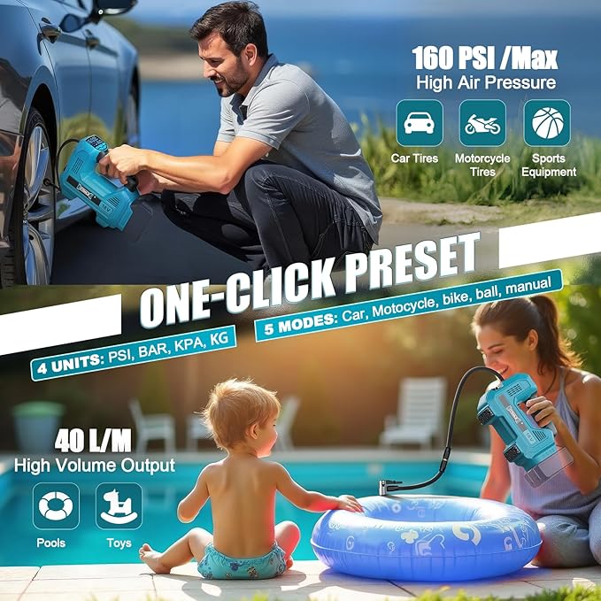 DIYtoolifz 160PSI Cordless Tire Inflator Compatible with Makita 18V Air Compressor, Portable Air Pump Automatic Shut Off, LED Light, Digital Pressure Gauge for Cars Motorcycles Bike Ball (Tool Only)