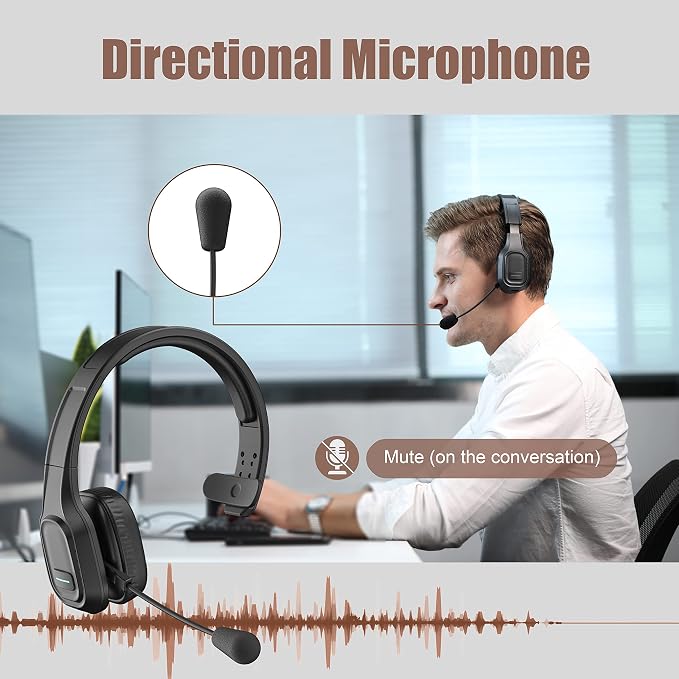 Trucker Bluetooth Headset V5.0, Wireless Headset with Noise Canceling&Mute Microphone for Cell Phones, On Ear Bluetooth Headphone for Computer, Zoom Meetings, Skype, Home Office