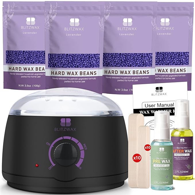 BLITZWAX Brazilian and Bikini Waxing Kit for Women, Hard Wax Warmer for Face, Legs, and Body, At Home Hair Removal Kit, Beginner Friendly, Quick Heating, 28 Accessories