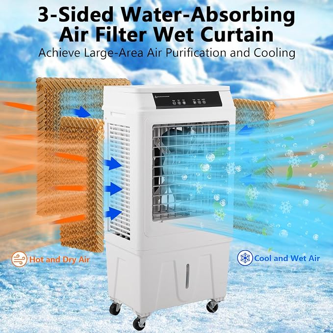 Evaporative Air Cooler, TAKYWEP 3000CFM Swamp Cooler with Remote Control and 12H Timer, 4 Ice Packs, 3 Modes & Wind Speeds for Outdoor Indoor Use, 10.3 Gallon