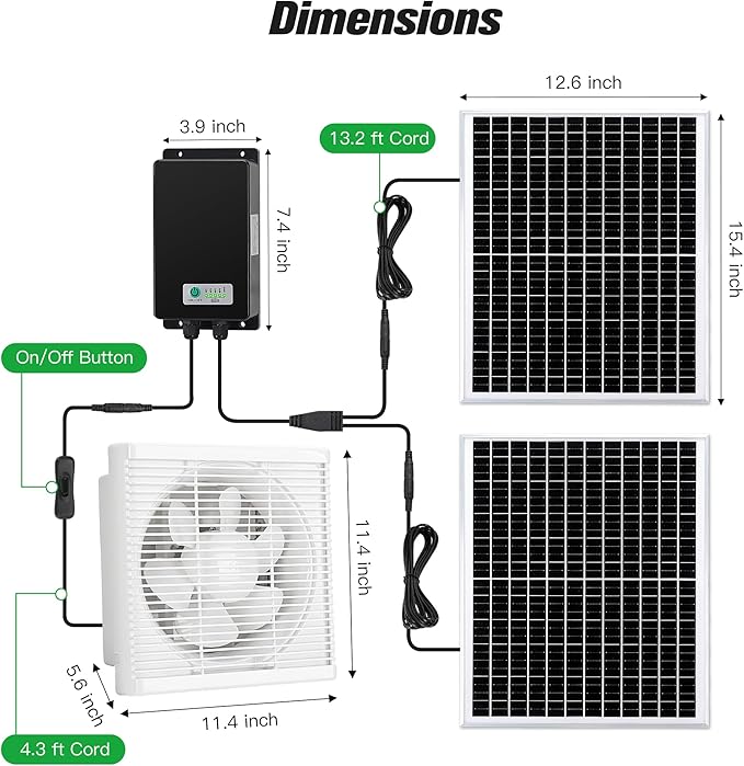 blessny Solar Powered Rechargeable Shutter Exhaust Fan, 50W Solar 10" Ventilation Vent Fan with 66.6 Wh Battery Backup for Outside Greenhouse, Chicken Coop, Shed, Pet House