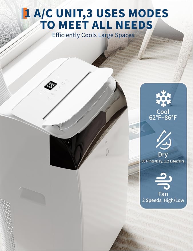 GAOMON 14000 BTU Portable Air Conditioners with Remote Control, 3-In-1 Free Standing AC Unit with Fan & Dehumidifier, Cools Room Up to 700 Sq.Ft, Smart/Sleep Mode,3 Speed,Auto Swing,24H Timer, White