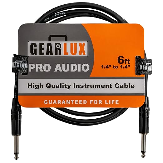Gearlux Instrument Cable/Guitar Cable, 1/4 Inch, Straight to Straight, Black, 6 Feet - Single Pack