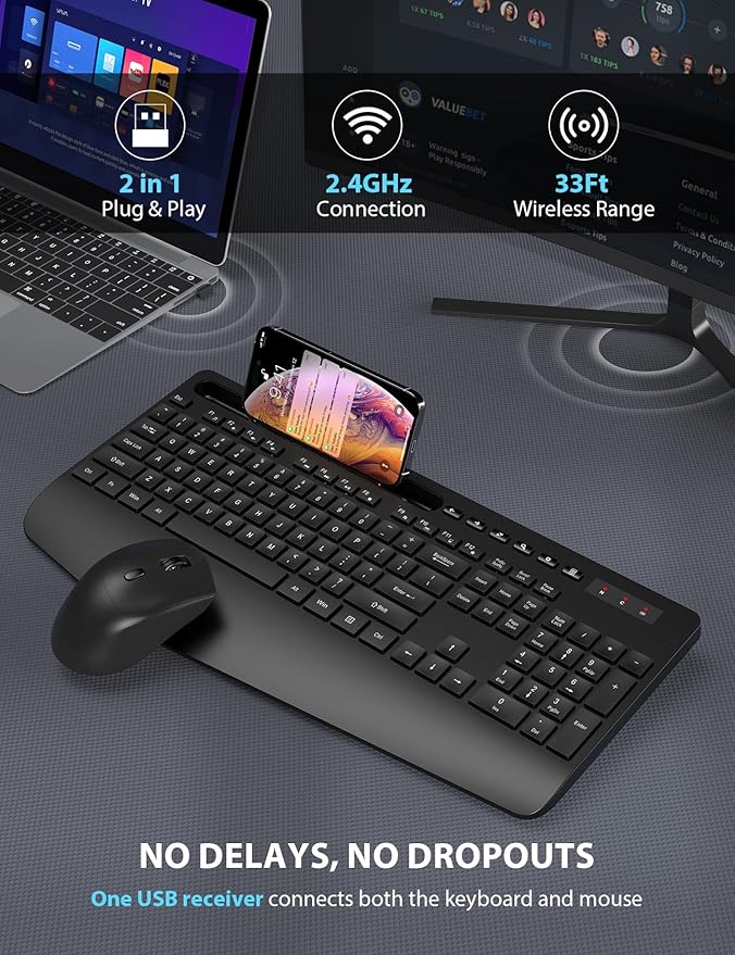 Wireless Keyboard and Mouse Combo - Full-Sized Ergonomic Keyboard with Wrist Rest, Phone Holder, Sleep Mode, 2.4G Quiet Keyboard for PC Laptop, Complete Work Setup for Office or Home -Trueque KM23