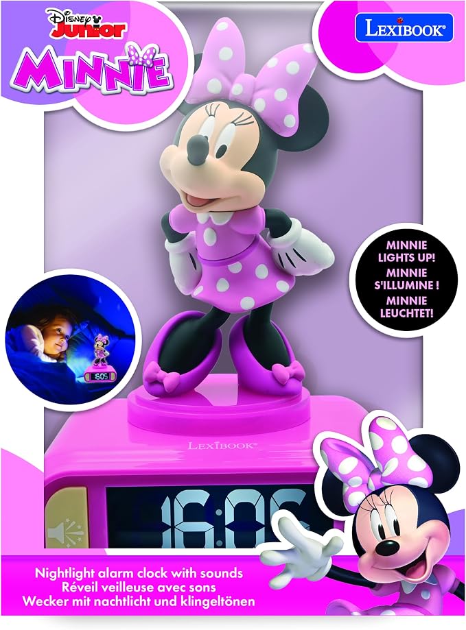 Lexibook, Disney, Minnie Nightlight Alarm Clock, Sounds and Melodies, LCD Backlit Screen, Luminous, Snooze, Pink, M