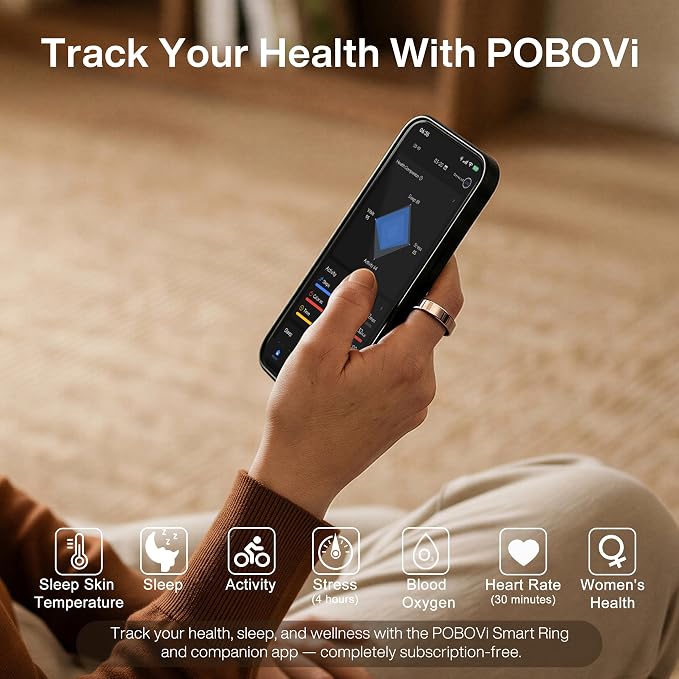 POBOVi Gen 2 Titanium Smart Ring for Women & Men, Sleep & Heart Rate Tracker, No Subscription, Size Before You Buy (Polished Black, 8)
